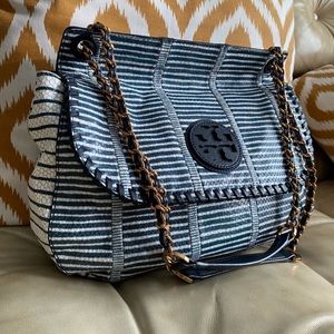 LKNW Tory Burch Marion Snake Stripe Leather Adjustable Chain Strap Bag